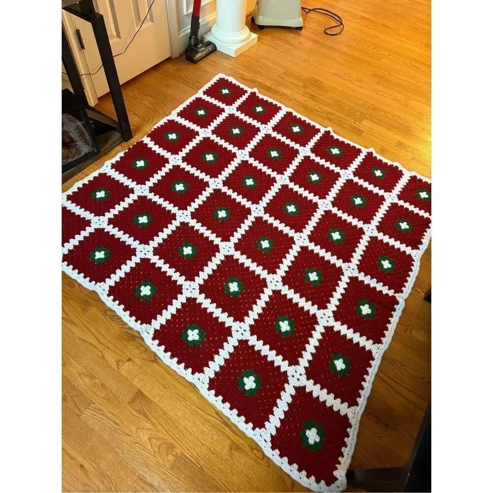 Handmade Red Green & White Christmas Colors Granny Square Crochet Throw Blanket